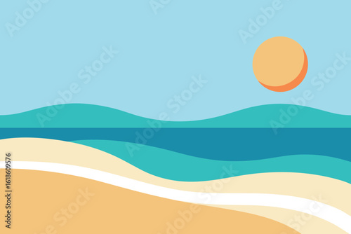  a serene beach scene with gentle waves lapping the shore under a bright sun, vector illustration