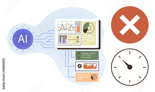 AI interface with performance graphs, analytics dashboard, task flowcharts, caution symbol, and clock. Ideal for technology, efficiency, data processing, automation innovation decision-making