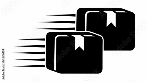 Two black delivery boxes with white bookmarks and motion lines indicating speed and fast shipping service | editable eps vectors silhouette