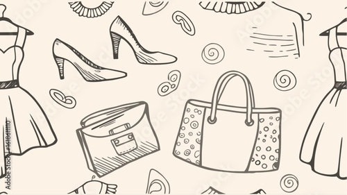 Seamless pattern featuring dresses shoes handbags and accessories in a sketched style illustration | editable eps vectors silhouette