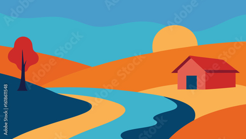 Small Empty House on a Riverbank at Golden Sunset Peaceful Rural Scene