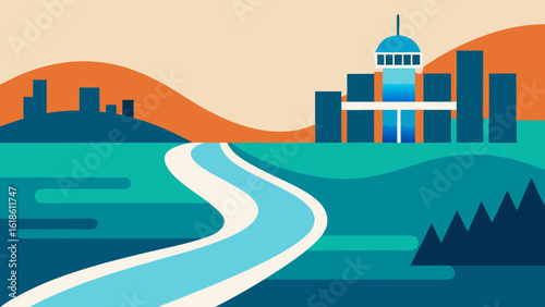 River Flowing Through a City with Modern Architecture Contemporary View