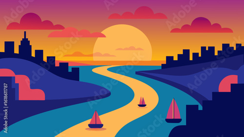 River Flowing Through a City with Party Boats Vibrant Night Scene