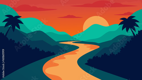 River Flowing Through a Dense Jungle at Golden Sunset Tropical Scene