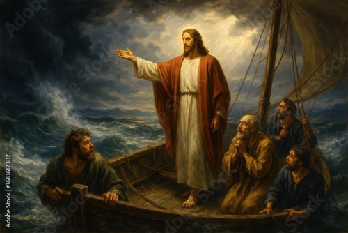 Biblical scene of Jesus calming violent storm on Sea of Galilee with disciples in boat