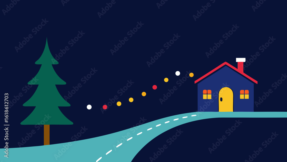 Naklejka premium Small Home on a Road with a Christmas Light Display Festive Evening