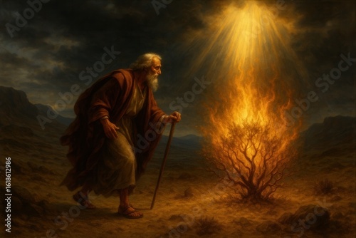 Prophet Moses approaching miraculous burning bush in vast desert with divine fire and heavenly illumination