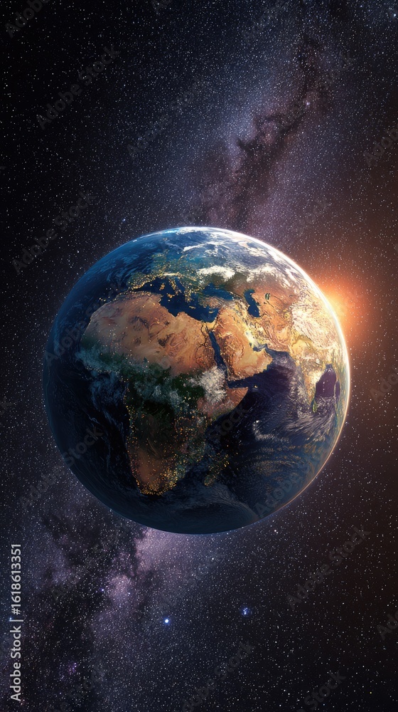Naklejka premium A detailed view of Earth, sunlit from the right, set against the backdrop of a vibrant, swirling Milky Way galaxy