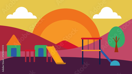 School Playground with Colorful Equipment at Golden Sunset Playful Scene