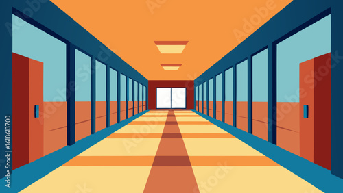 Long Empty Hallway in a School with Sunlight Streaming Through Windows