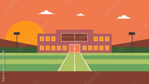 Empty Athletic Field at a School Under a Sunny Blue Sky Peaceful Scene