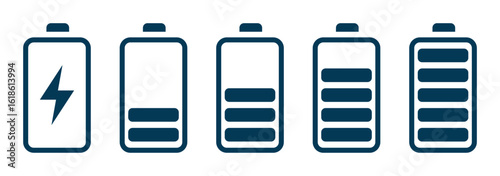 Batteries icon, Battery charge indicator. Battery level, energy full vector template. Battery line icon set. Set of 5 outline icons related to battery, charger, charge, indicator and more. 