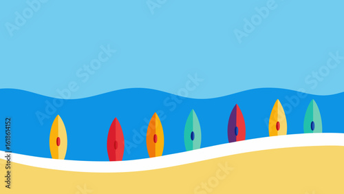 Colorful Kayaks Lined Up on a Vibrant Sea Beach Ready for Ocean Adventure