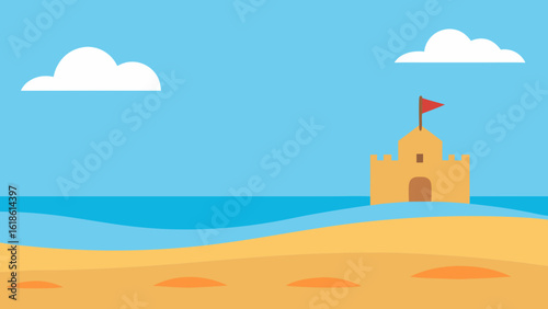 Melancholy Sea Beach with Lone Abandoned Sandcastle at Sunset