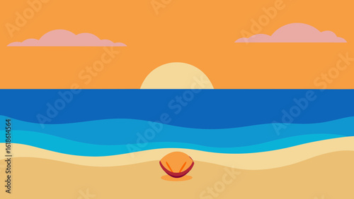 Quiet Sea Beach with Lone Seashell Resting at Golden Sunrise