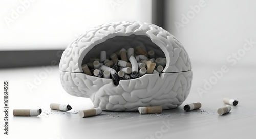 A symbolic representation of the detrimental effects of smoking on the brain, with cigarettes filling a hollowed-out brain model.