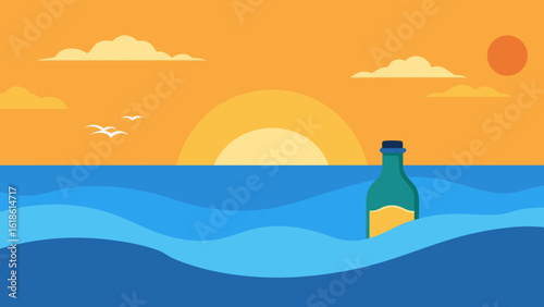 Mysterious Sea Beach with Message in Bottle at Golden Sunrise