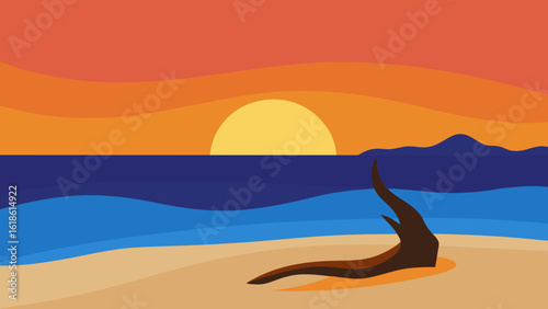 Artistic Sea Beach with Sculpted Driftwood Piece at Sunset