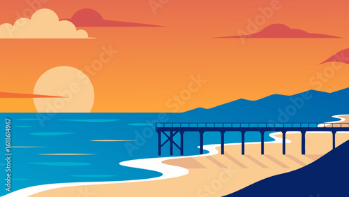 Iconic Sea Beach with Long Pier Stretching Out into Ocean