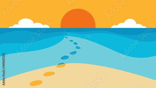 Peaceful Sea Beach with Footprints in Sand Leading to Ocean