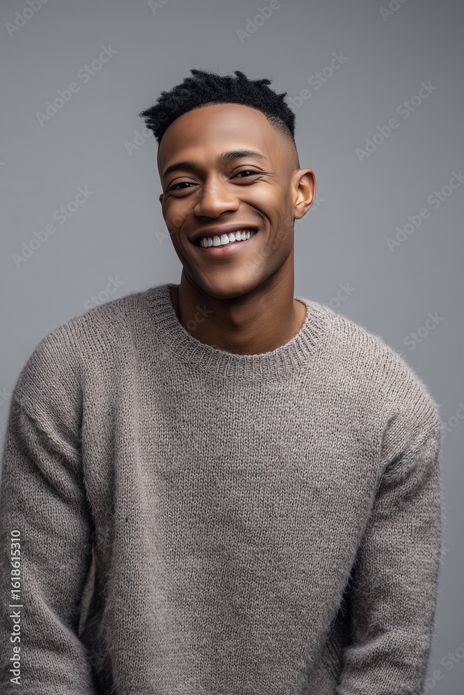 Fototapeta premium Confident young man with a bright smile wearing a cozy grey sweater against a neutral background