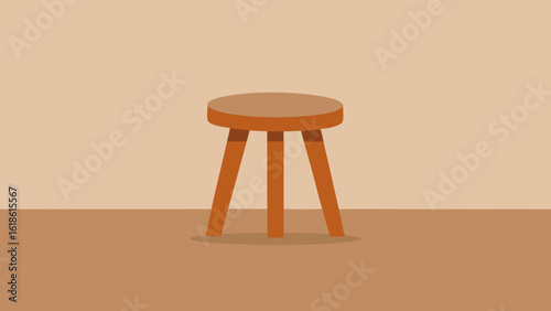 Rustic Simple Wooden Stool Against Textured Plaster Wall