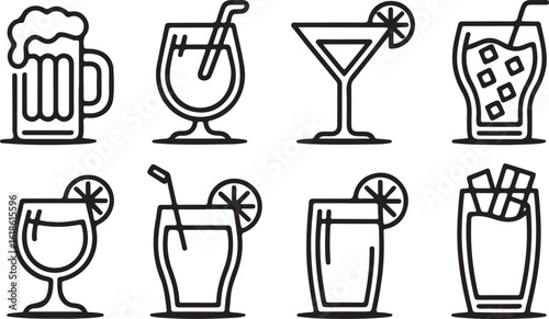 Set of Different Alcoholic Drinks in Glasses Vector Illustration