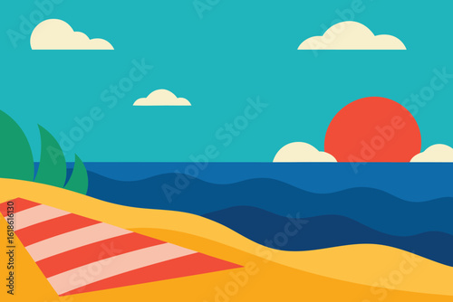  a serene beach scene with a vibrant sunset and gentle waves lapping the sandy shore vector illustration