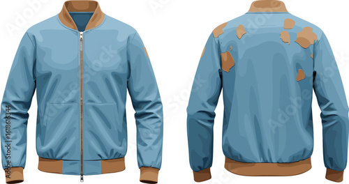 Bomber jacket front and back view with fabric damage patches, vector CAD flat sketch, fashion design, detailed illustration for apparel
