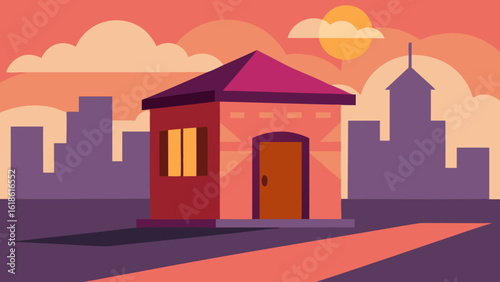 Vibrant Colorful Building on Bustling City Street at Sunset Glow