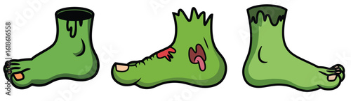 Cartoon illustration showing three green zombie feet with decaying flesh and exposed toes design vector