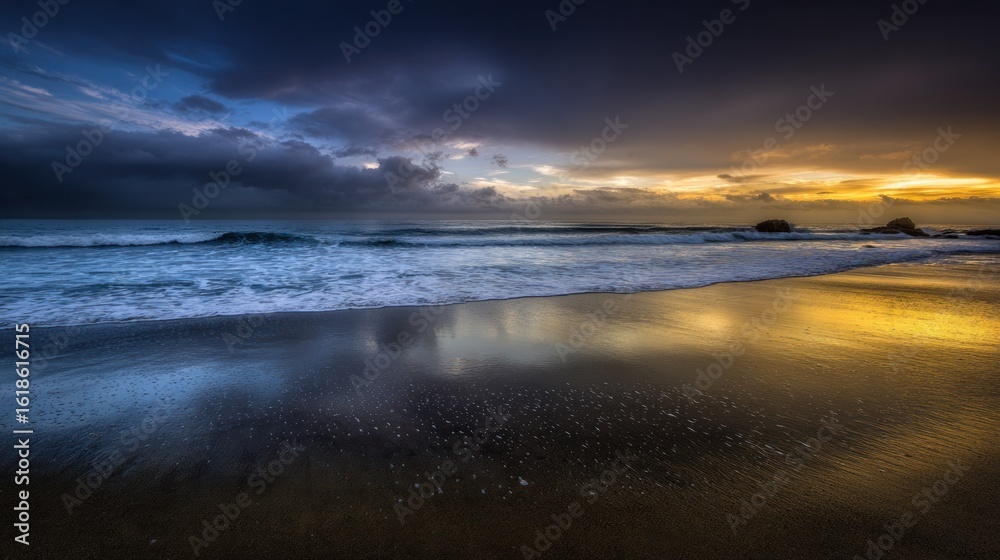 Fototapeta premium Dramatic coastal sunrise/sunset; stormy clouds meet golden light on beach