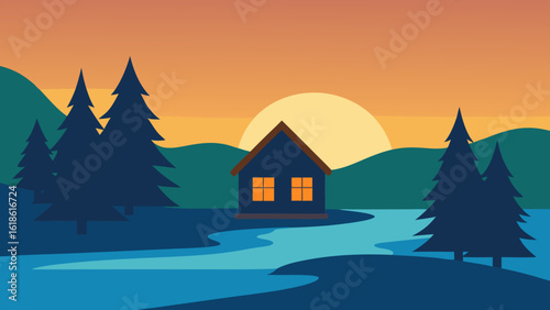 Rustic Small House by River Surrounded by Tall Pine Trees