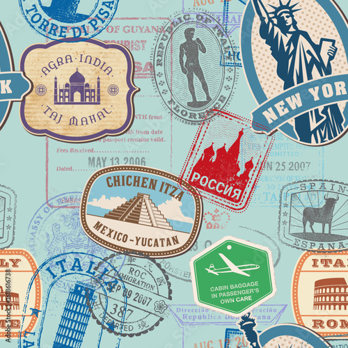 Vector Seamless Pattern with Grunge Stamps and Labels, with world wide known landmarks and Travel Themed Illustrations and Passport Stamps on a Blue Vintage Background