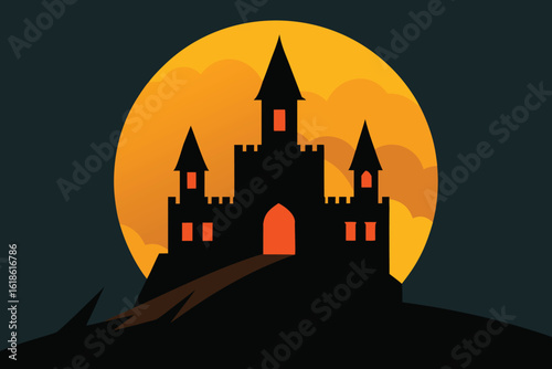  a spooky castle silhouette stands against a full moon on a dark night, creating a mysterious and eerie scene vector illustration