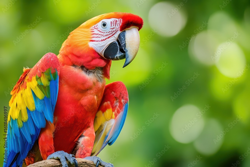 Fototapeta premium Colorful parrot with curious expression on green