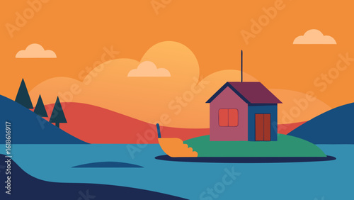 Rustic Small House by River with Fishing Boat Docked at Sunset