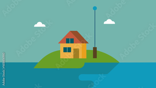 Rustic Small House by River with Fishing Rod Propped on Porch