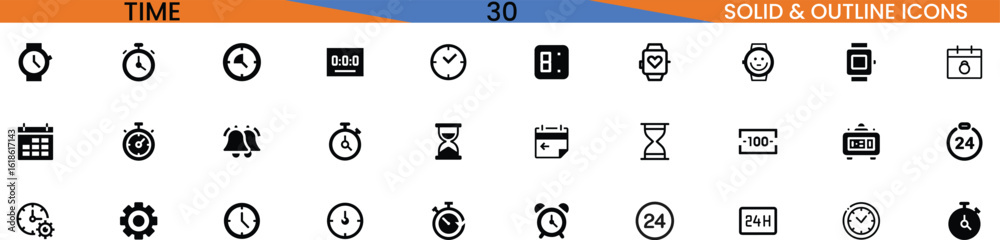 Collection of Time and Clock Icons in Solid and Outline Style, set includes various symbols such as timers, alarms, stopwatches, hourglasses, and clocks, perfect for web design, mobile applications, a Collection of Time and Clock Icons in Solid and Outline Style, set includes various symbols such as timers, alarms, stopwatches, hourglasses, and clocks, perfect for web design, mobile applications, a