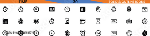 Collection of Time and Clock Icons in Solid and Outline Style, set includes various symbols such as timers, alarms, stopwatches, hourglasses, and clocks, perfect for web design, mobile applications, a
