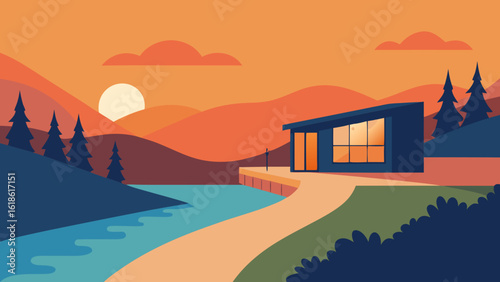 Sleek Small House by River with Modern Architectural Design at Sunset