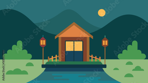 Inviting Small House by River with Porch Decorated for Season