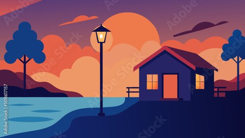 Charming Small House by River with Warm Porch Light Illuminating Night