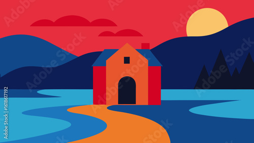 Picturesque Small House by River with Welcoming Red Door at Sunset