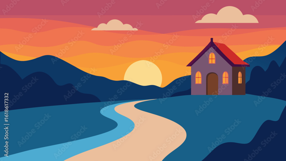 Naklejka premium Charming Small House by River with Winding Stone Path Leading to Door