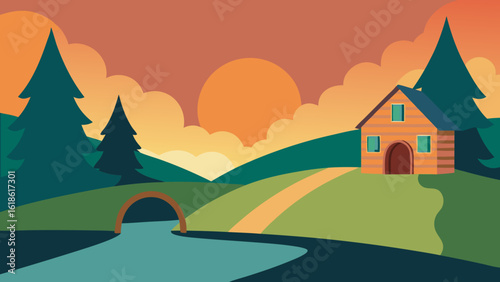 Picturesque Small House by River with Elegant Stone Bridge Nearby