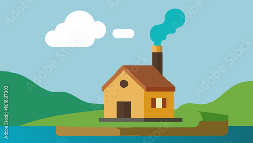 Quaint Small House by River with Stone Chimney and Warm Glow
