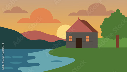 Quaint Small House by River with Elegant Stone Wall at Sunset