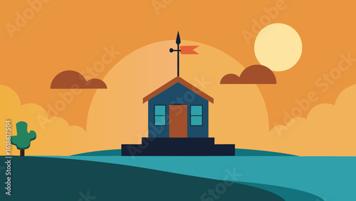 Quaint Small House by River with Weather Vane on Roof at Sunset