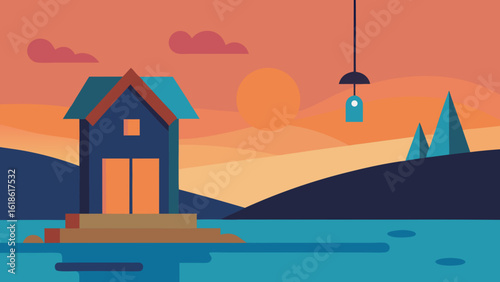 Charming Small House by River with Gentle Wind Chime Sounds at Sunset